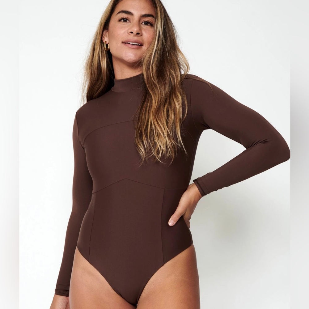 Benoa Swim Long Sleeve One-Piece Swimsuit in Chocolate Brown